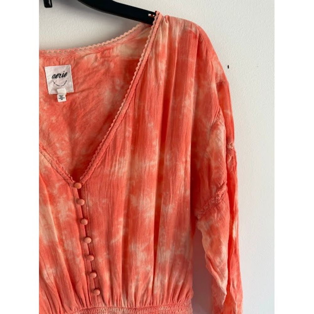 Boho Tie Dye Aerie Smocked Ruffle Mini Dress Womens Medium Coral - Picture 5 of 10